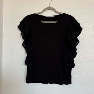 Marc New York Black Crewneck Pleated Ruffle Sleeve Blouse